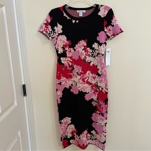 London Style Black Red Pink Floral Short Sleeve Midi Sheath Dress Wm Sz PXS